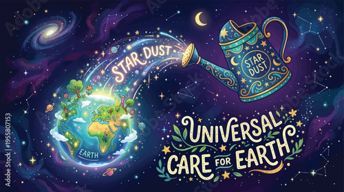 Cosmic watering can pouring 'Star Dust' onto Earth, symbolizing universal care and environmental protection vector illustration