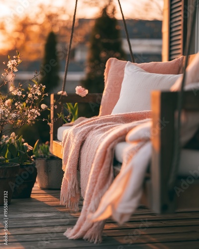 Relaxed spring front porch featuring a swing chair adorned with soft pillows and a cozy blanket, surrounded by blooming flowers and warm evening light