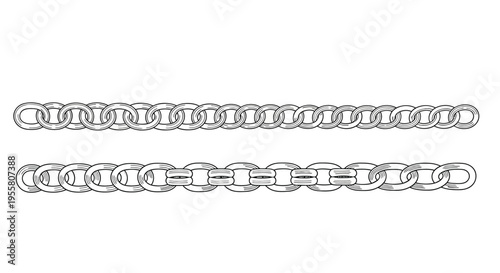 Illustration of multiple metal chains in varying link styles on a white background