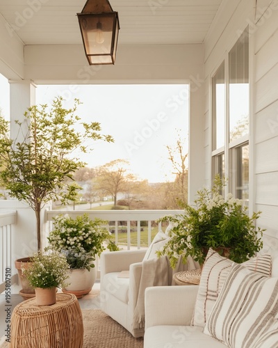 Modern farmhouse front porch featuring neutral seating, potted plants, and a lantern, with a scenic view of greenery in the background