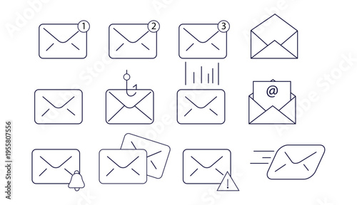 Email Icons Set  Line Style. Collection of E-mail and Letter Linear Icons,  mail, envelope, email, postal, letter sent, inbox, new mail, reply and forward mail phishing email icons fast email wrong