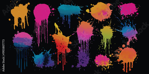 Set of vibrant watercolor paint splatters and dripping ink stains isolated on black background vector illustration