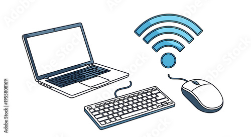 Wireless Internet Connection with Laptop, Keyboard, and Mouse - Wifi Icon Vector Illustration