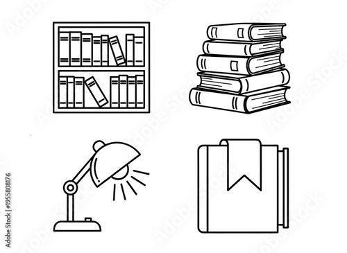 Book Shelf, Books, Lamp, Bookmark Icon Set - Vector Illustration