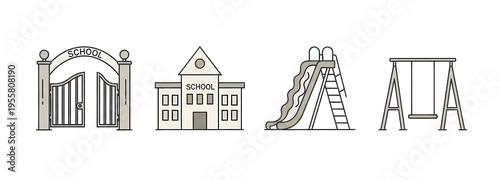 School, Playground Icons School building, Gate, Slide, Swings Set Vector Illustration