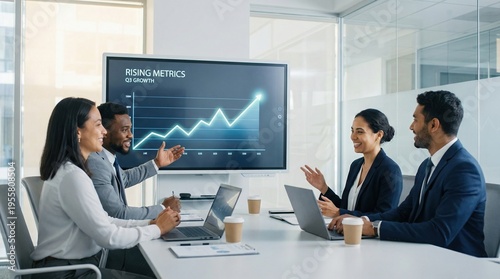 Business professionals discussing financial data.