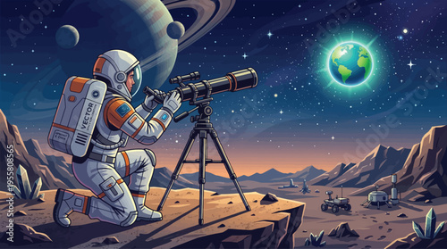 Astronaut on alien planet observing Earth with telescope, space exploration vector illustration