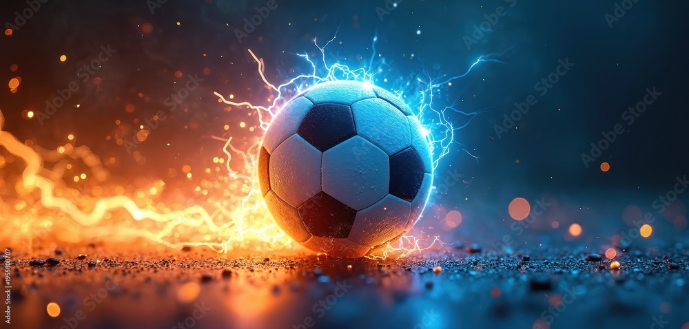 Naklejka premium Energetic soccer ball bursts with vibrant blue lightning and fiery orange sparks. Dynamic abstract sports art symbolizes power, speed, and intense competition.