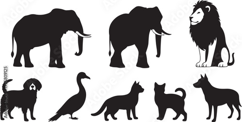High-Quality Animal Vector Set – Silhouettes of Lion Elephant Dog Cat Bird