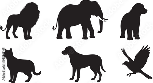 Solid Black Animal Silhouettes – Lion Elephant Dog Cat Bird Vector Bundle