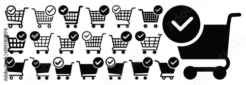 Shopping Cart Checkmark Icon Set for Ecommerce Checkout and Order Success Isolated on Transparent Background