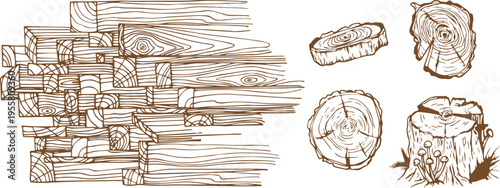 Wood Industry Material Collection – Tree Rings, Logs, Stumps and Wooden Boards in Rustic Hand-Drawn Vector Set