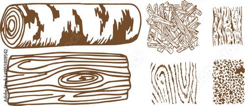 Hand-Drawn Lumber and Tree Rings Set – Wooden Logs, Stumps and Boards in Vintage Sketch Style Vector Illustration