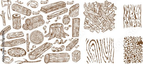 Vintage Wood Texture Set – Tree Rings, Logs, Stumps and Lumber Materials in Hand-Drawn Sketch Vector Collection