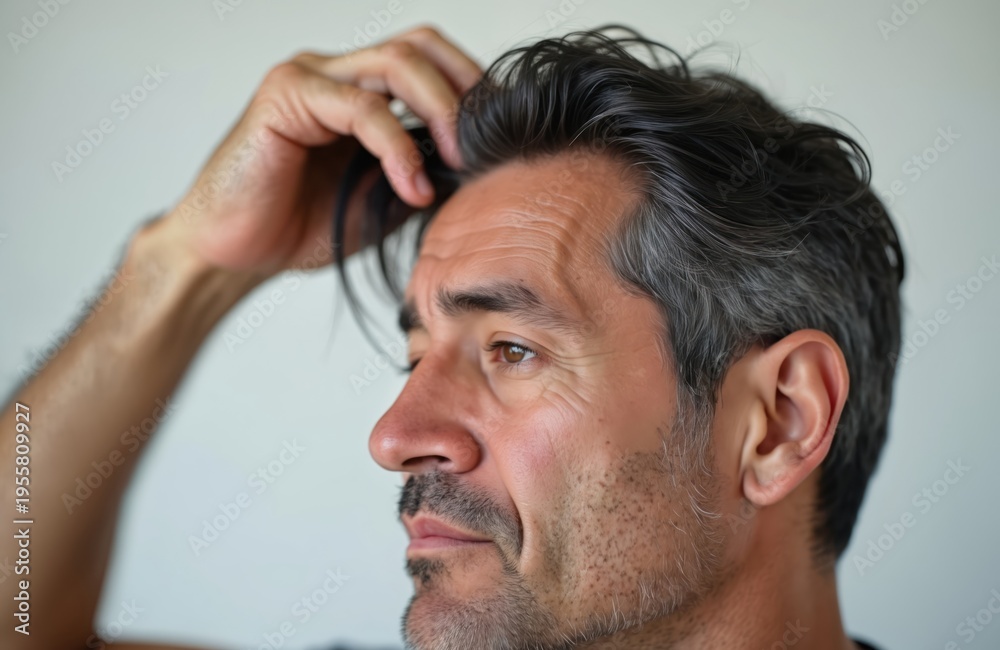 Obraz premium Man checks thinning hair on his temple. Middle-aged male worries about receding hairline and graying hair. Concerned person considers hair loss and appearance.