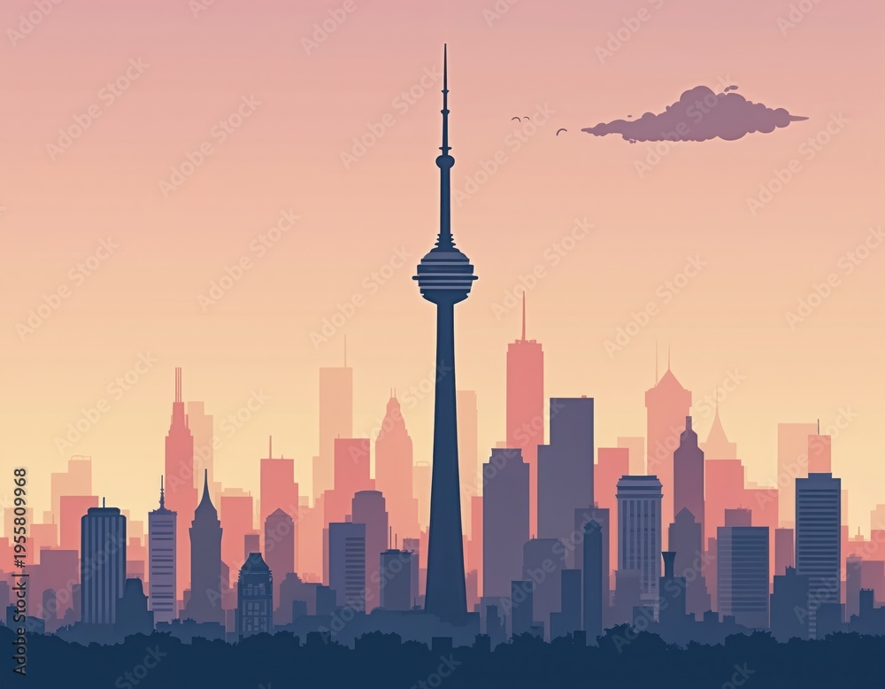 Fototapeta premium Flat illustration of Toronto skyline at dawn. CN Tower stands tall over city buildings. Pastel sky fades from pink to yellow, creating a modern urban panorama.