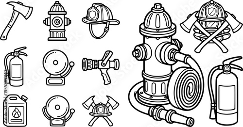 Black and white vector fire safety equipment including axe fire hydrant helmet extinguisher siren and fire hose nozzle illustration