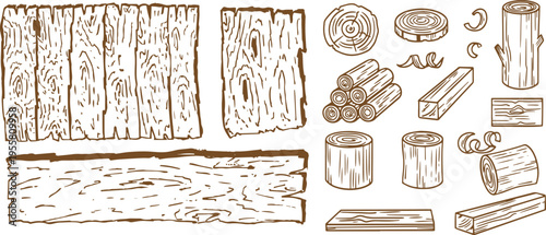 Wooden Boards and Lumber Set – Hand-Drawn Sketch of Logs, Trunks and Planks in Vintage Forestry Material Vector Illustration