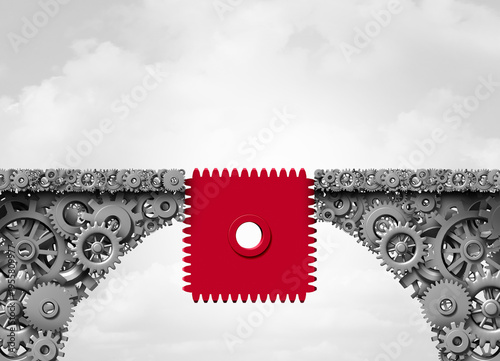 Business solution success bridge as an industry strategy and economic solutions concept connecting two divided paths to join together with a square cog as a symbol of economy integration or bridging t