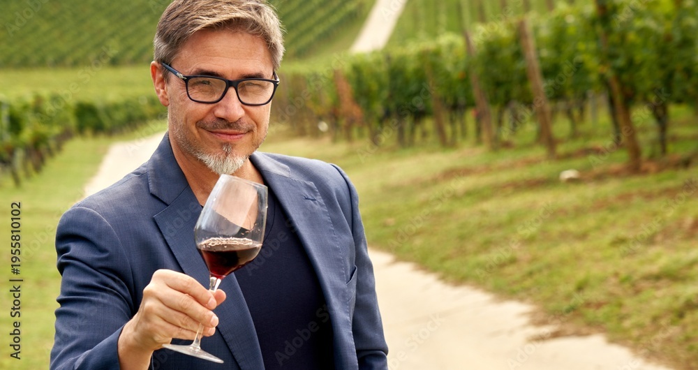 Fototapeta premium Portrait of happy man in vineyard with glass of red wine. Vintner, agricultural entrepreneur, owner, winemaker.