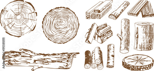 Seamless Lumber Pattern with Wood Planks, Logs and Tree Trunks for Forestry and Woodworking Background Design