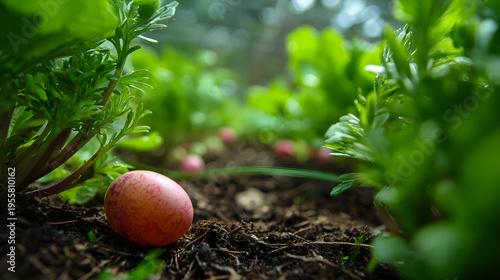 Vibrant vegetable garden theme, sharp focus on egg and radish, bright natural light, and wide side space.
