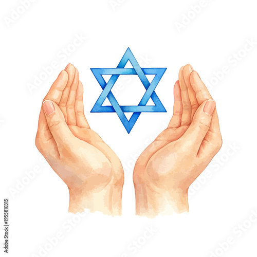 A watercolor illustration of protective hands holding a blue Star of David symbol, featuring a spiritual Jewish faith concept in soft watercolor tones.