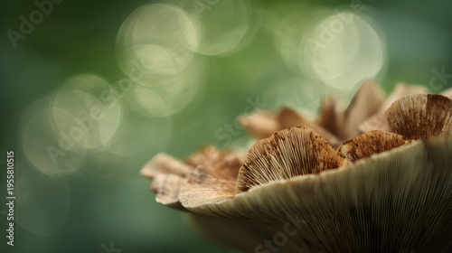 Whimsical nature shot, sharp focus on mushroom texture, soft green bokeh, wide top copy space.