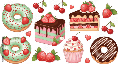 Sweet desserts collection with donuts cakes strawberries cherries and cupcake colorful bakery treats vector illustration set