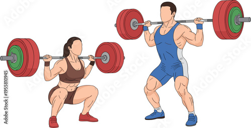 Athletes performing barbell squat exercise strength training weightlifting fitness workout muscular men and women vector illustration
