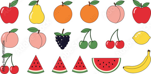 Colorful fruit collection with apple banana watermelon cherry grape citrus and peach fresh healthy food vector illustration set