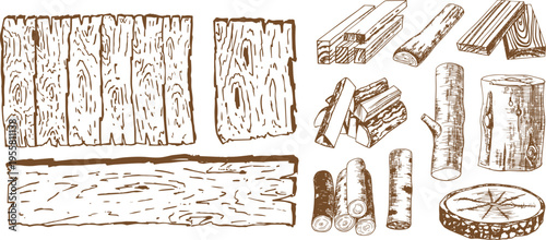 Rustic Lumber Sketch Set – Wooden Logs, Planks and Boards with Stacked Timber and Tree Trunks Vector Illustration