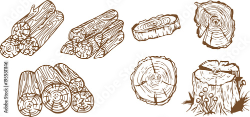 Natural Timber and Lumber Set – Vintage Vector Sketch of Wood Planks, Logs and Tree Stumps for Industry and Design Use