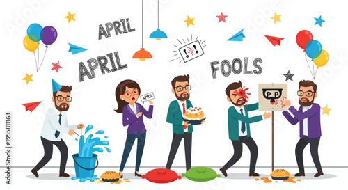 Joyful office colleagues celebrate April Fools' Day with a series of playful pranks and humorous surprises, creating a festive and lighthearted workplace atmosphere