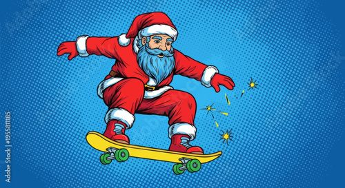 Jolly Father Christmas on a skateboard, showcasing festive fun and youthful energy in a vibrant pop art comic illustration style