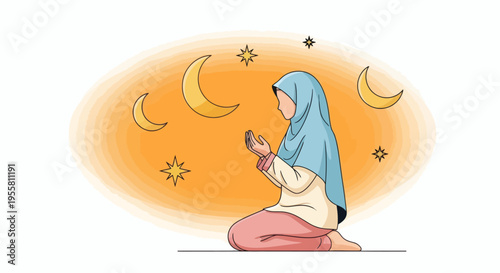 Illustration of a Muslim woman praying during Ramadan with crescent moons and stars in the background