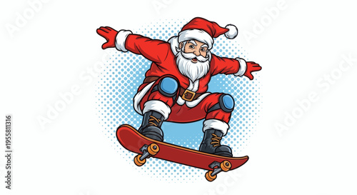 Santa Claus skateboarding with protective gear, enjoying a winter activity