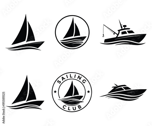Sailing Club Logo Set - Minimalist Sailboat and Fishing Vessel Vector Silhouettes for Marine, Nautical, and Yacht Branding