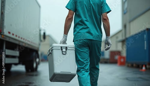 Medical worker carries cooler with organ for transplant to transport truck. Lifesaving donation reaches recipient for surgery. Delivery ensures patient care.