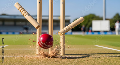 a red cricket ball hitting the wickets on a green cricket pitch with a stadium in the background 