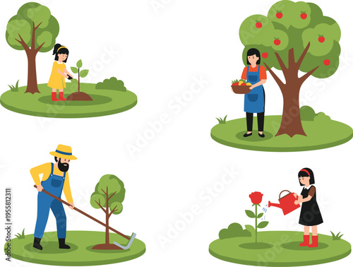 People gardening activities set with planting watering harvesting and digging outdoor nature lifestyle vector illustration collection
