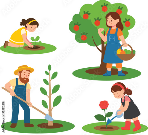 People gardening and harvesting plants set with farmers planting watering and picking fruits outdoor activity vector illustration collection