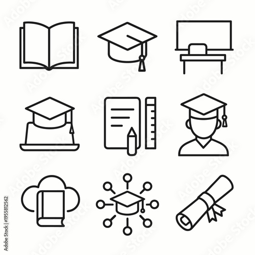 Collection of education and graduation icons in a clean, modern line art style