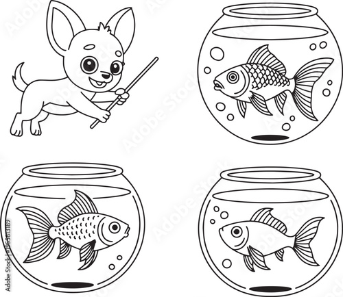 chihuahua holding wand near fishbowls with fish