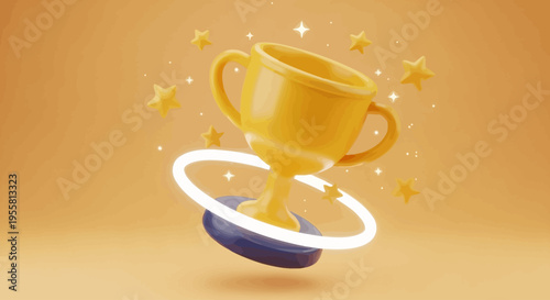 Shining Golden Trophy with Stars and Glowing Ring Symbolizing Success and Victory in a Vibrant 3D Illustration