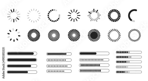 Set of circular and linear progress bar loading indicators in black and white, ideal for user interface design
