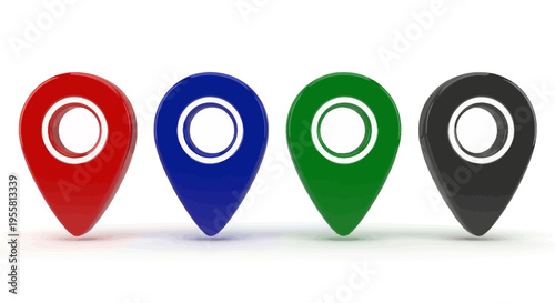 Four vibrant 3D map pin icons in a row, symbolizing global navigation, travel destinations, and precise location marking for digital maps and applications