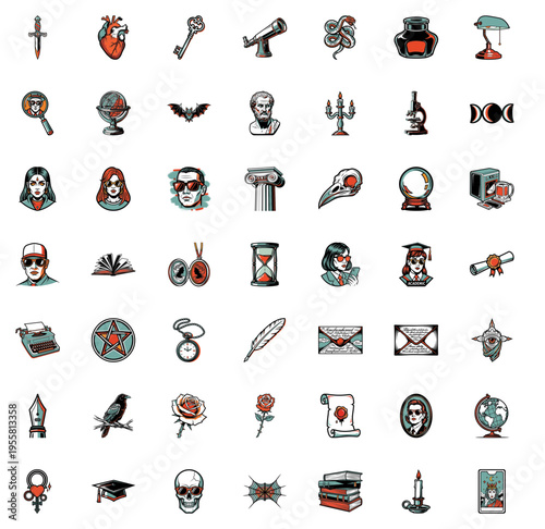 Dark academia and gothic romantic themed icon sheet including skulls roses quills tarot cards pocket watches ravens candles and more arranged in grid