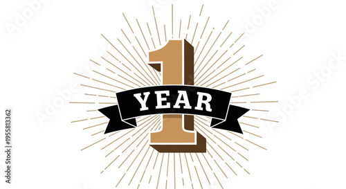 One Year Anniversary Celebration Graphic with Radiant Rays and Ribbon