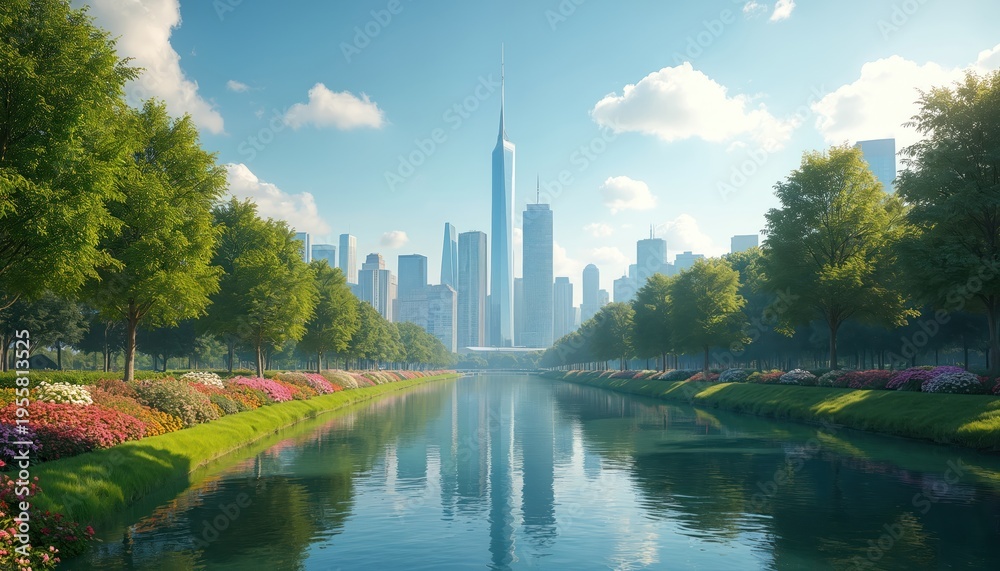 Fototapeta premium River flows through urban park, reflecting tall city skyscrapers. Lush green trees line canal banks with colorful flowers. Bright sunny day illuminates peaceful waterside landscape.